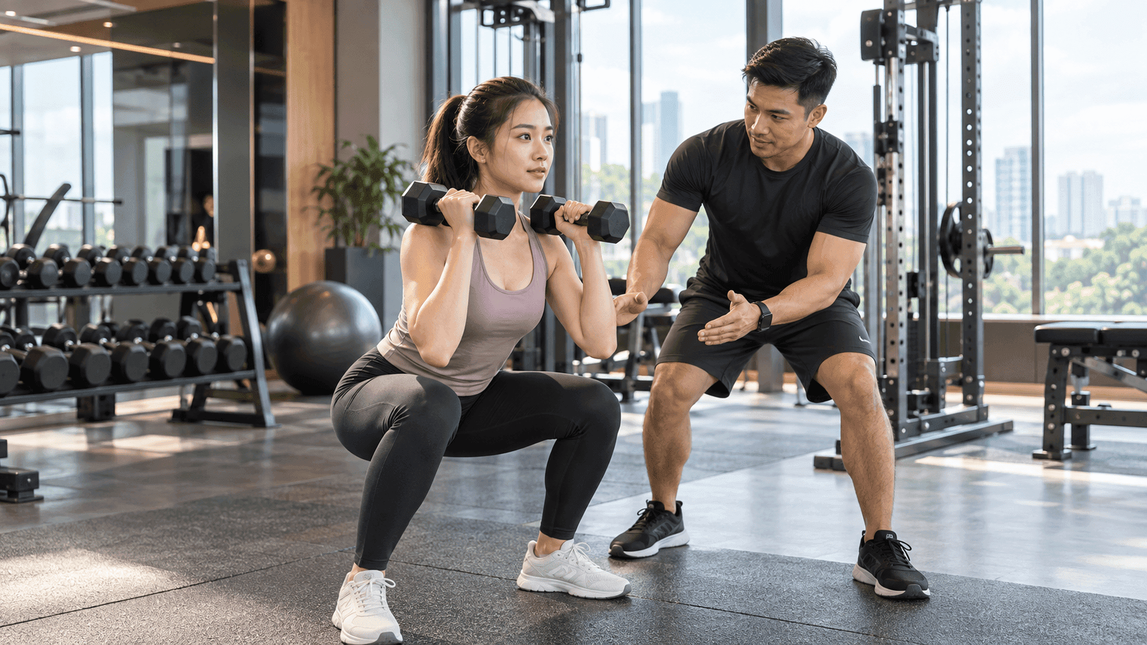 Woman squats with dumbbells, a personal trainer guides her form in a modern gym.