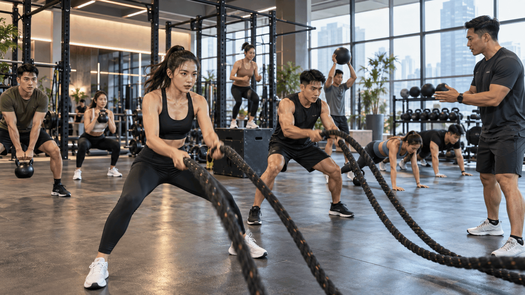 Woman intensely performing battle rope exercises in a modern gym with other people training.