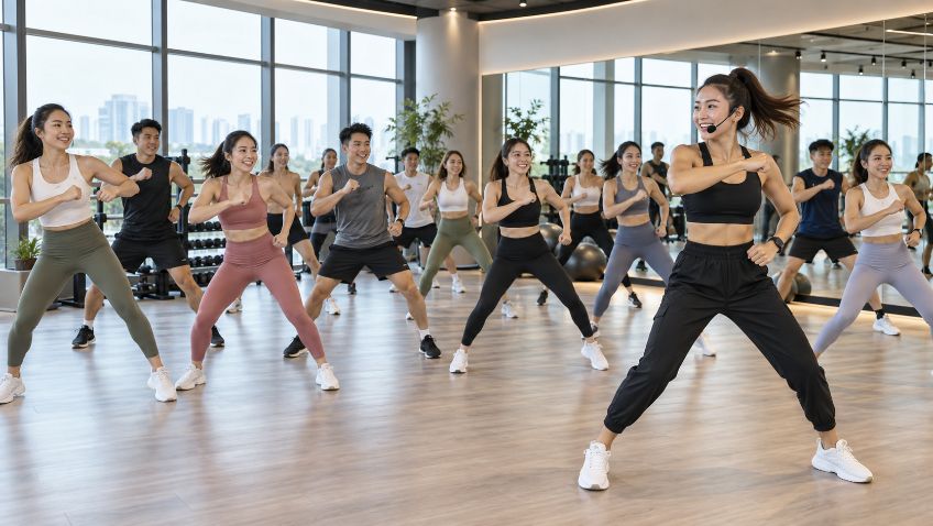 A diverse group of people follow an instructor in a modern gym doing a fitness class.