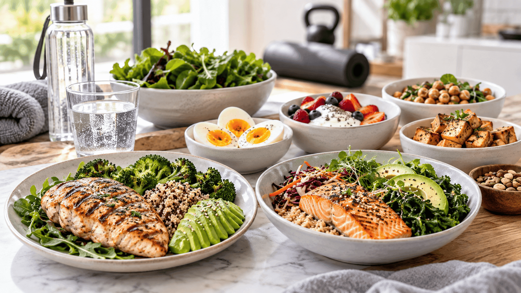 Diverse healthy meals like grilled chicken, salmon, salads, and fitness gear on a table.