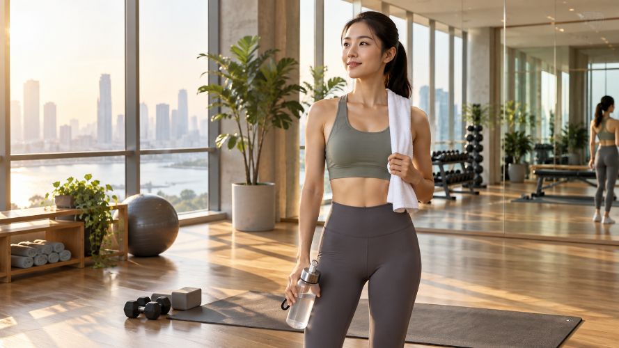 Athletic woman holds a water bottle in a sunny gym with a city skyline view.