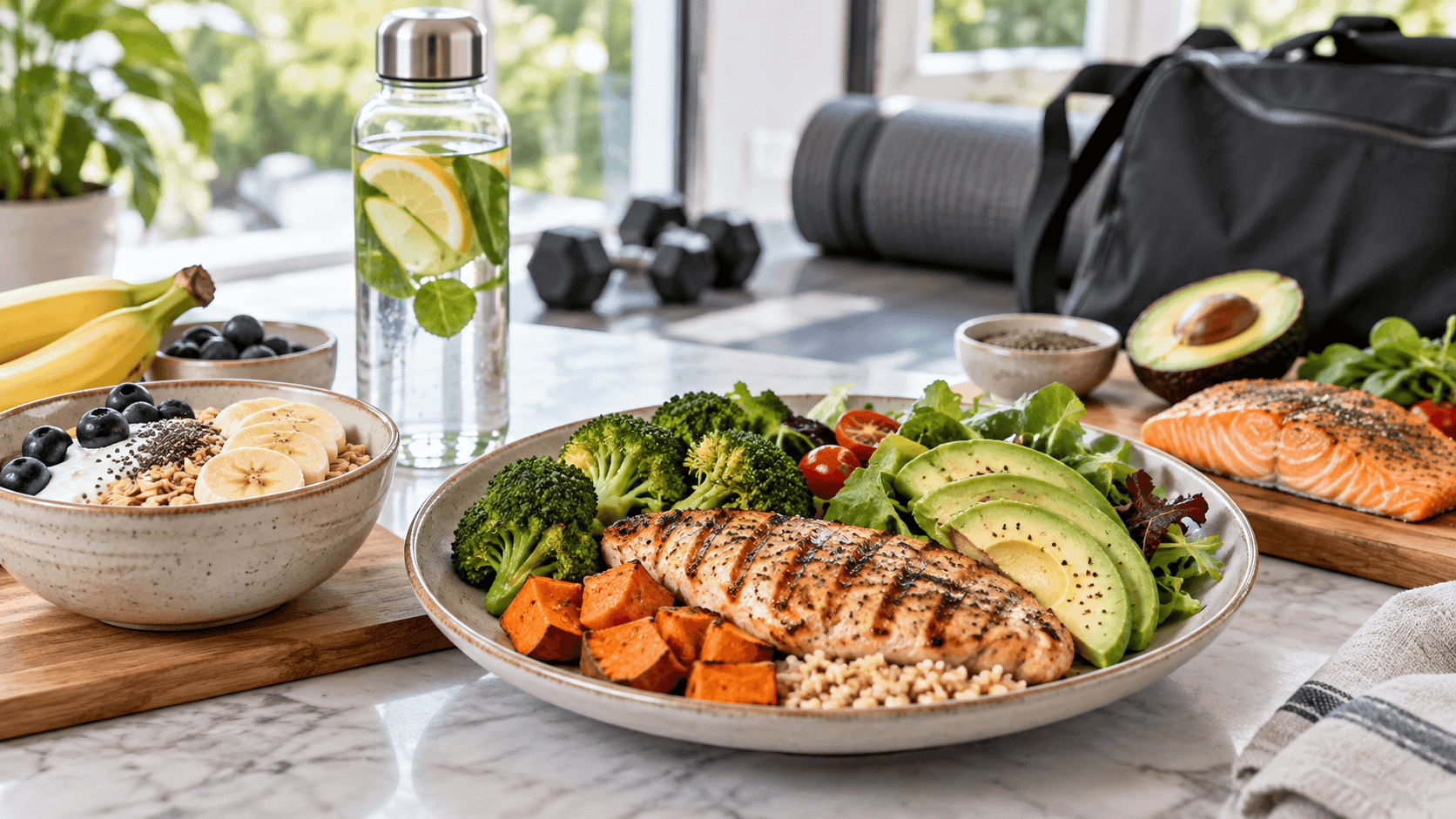Balanced meal of grilled chicken, vegetables, and oatmeal with water bottle and workout gear.