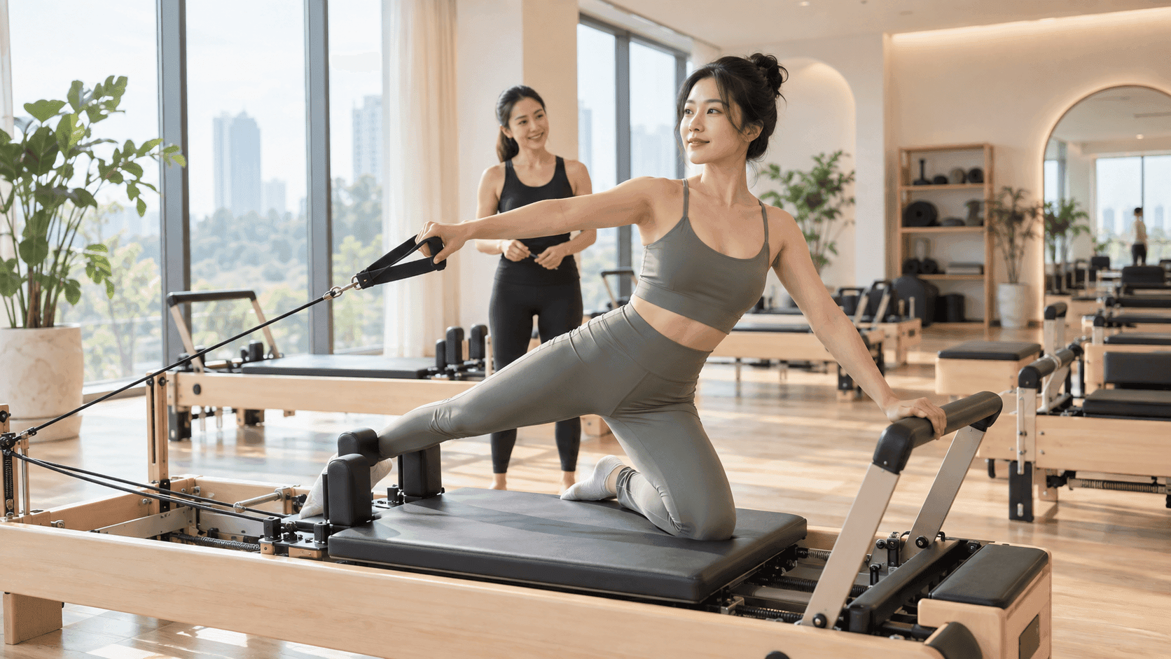 A woman performs a Pilates exercise on a reformer with an instructor watching in a bright studio.