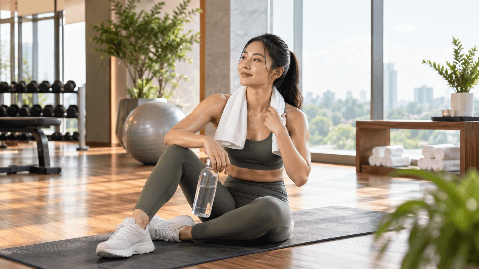 A young woman rests on a yoga mat after a workout, holding a water bottle.