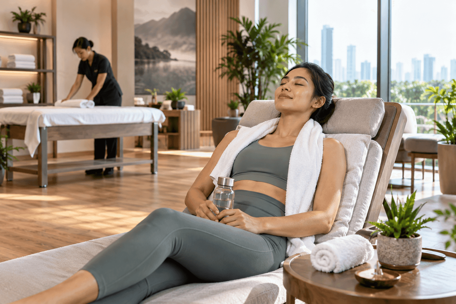 Woman relaxing in a lounge chair with a water bottle in a modern spa setting.