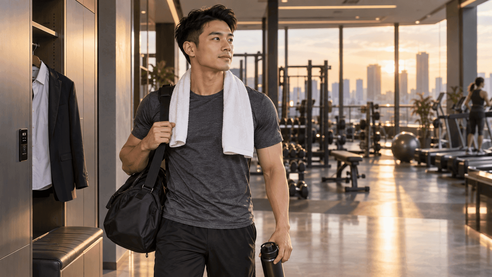 Young man with towel and gym bag walks through a modern gym at sunset.