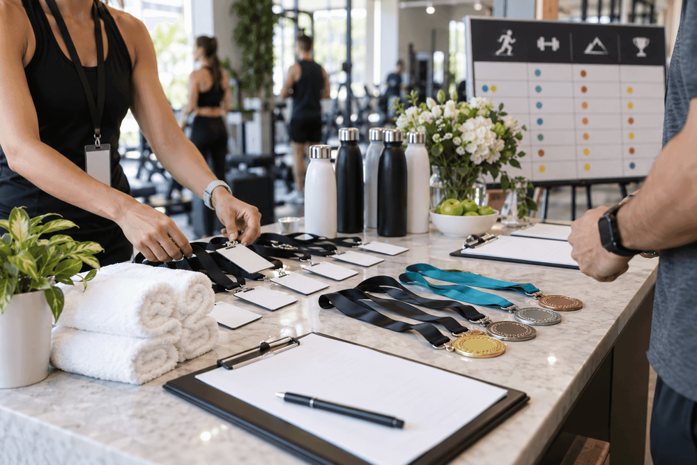 Woman arranging name badges and medals at a fitness event registration counter.