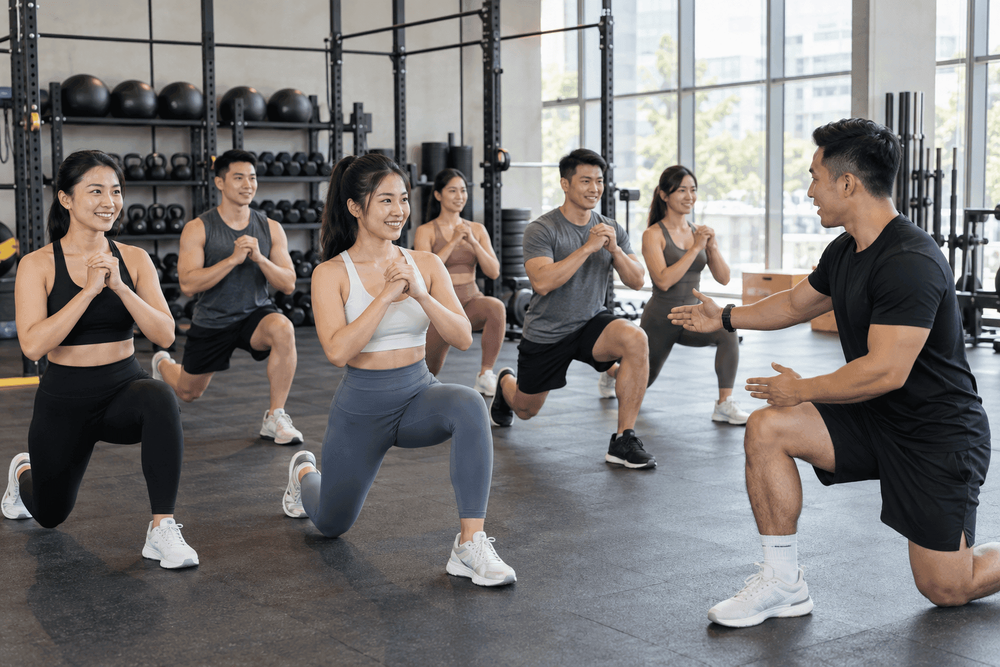 A group of people performing lunges in a gym while a trainer instructs them.