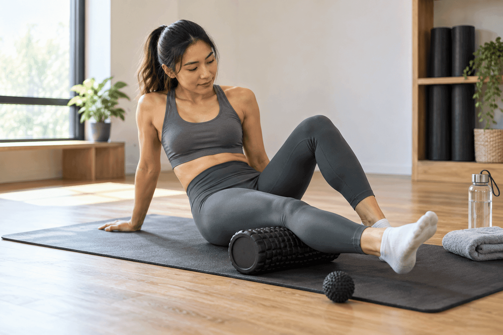 A woman uses a black foam roller on her hamstring while sitting on a yoga mat.