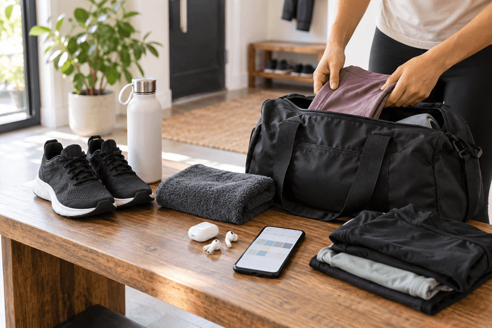 Hands pack a duffel bag surrounded by gym shoes, water bottle, and workout clothes.
