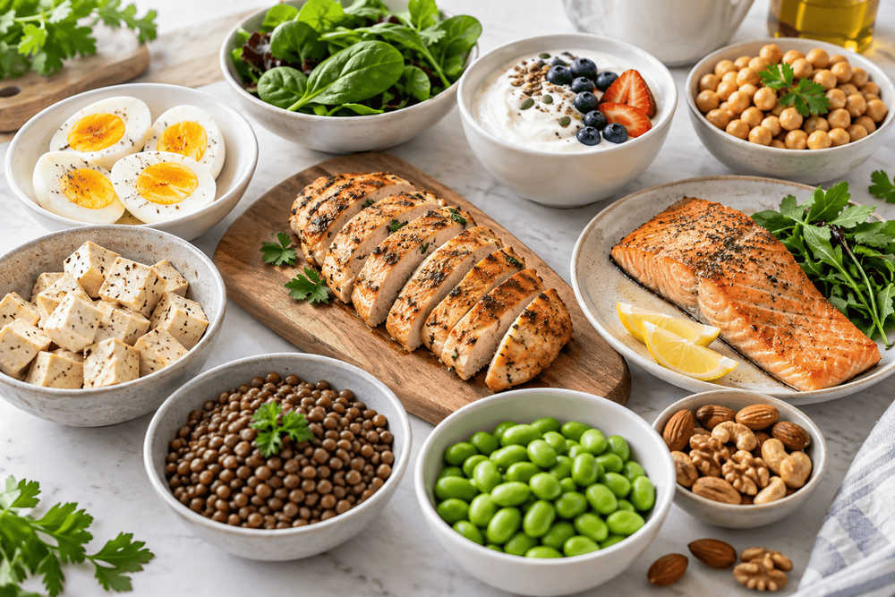 A diverse spread of healthy, high-protein foods including grilled chicken, salmon, eggs, and legumes.