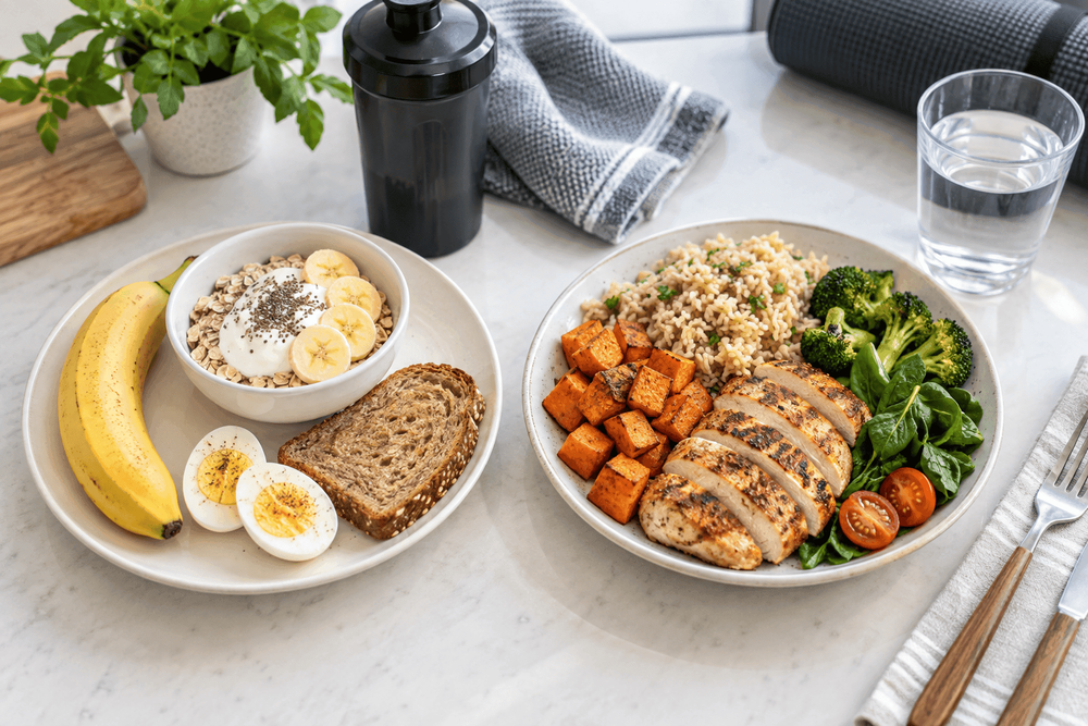 Two plates display balanced healthy meals, breakfast and dinner, with fitness accessories.