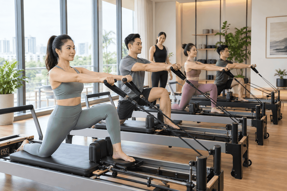 Group of people exercising on Pilates reformers in a bright studio with an instructor.