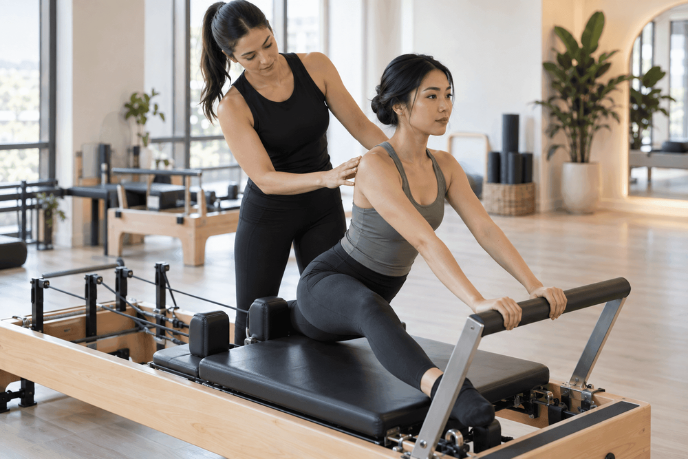 Pilates instructor guiding a client through an exercise on a reformer machine in a bright studio.