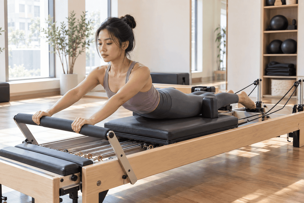 A woman performs a Pilates exercise on a reformer machine in a bright studio.