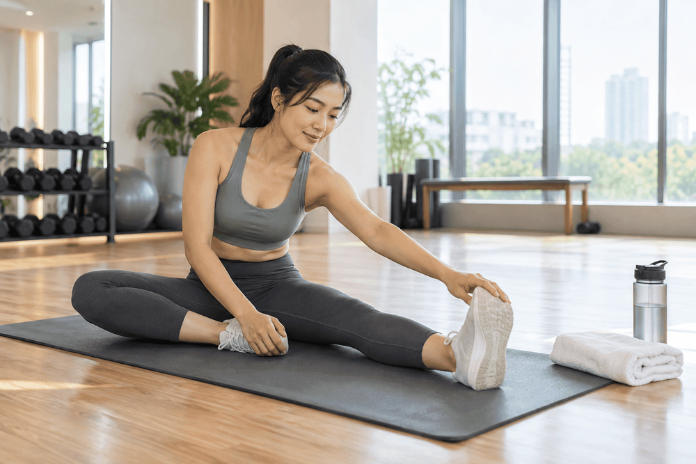 Young woman stretching on a yoga mat in a bright, modern gym.