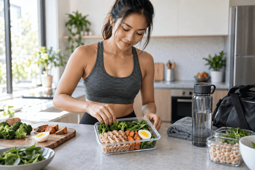 Young woman in sportswear preparing a healthy meal prep container with chicken and vegetables.