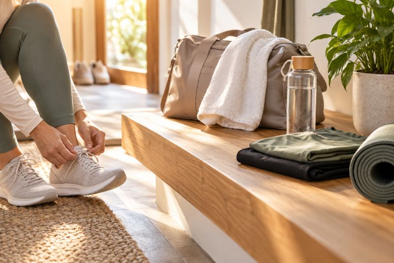 Person tying white athletic shoes with gym bag and yoga mat on a wooden bench.
