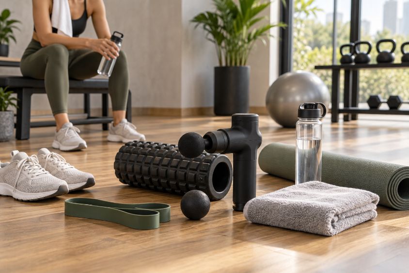 Fitness accessories like foam roller, massage gun, and shoes are on a wooden floor.
