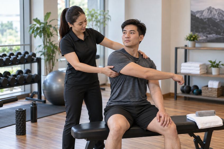 A physical therapist helps a male patient perform a seated shoulder rotation exercise.